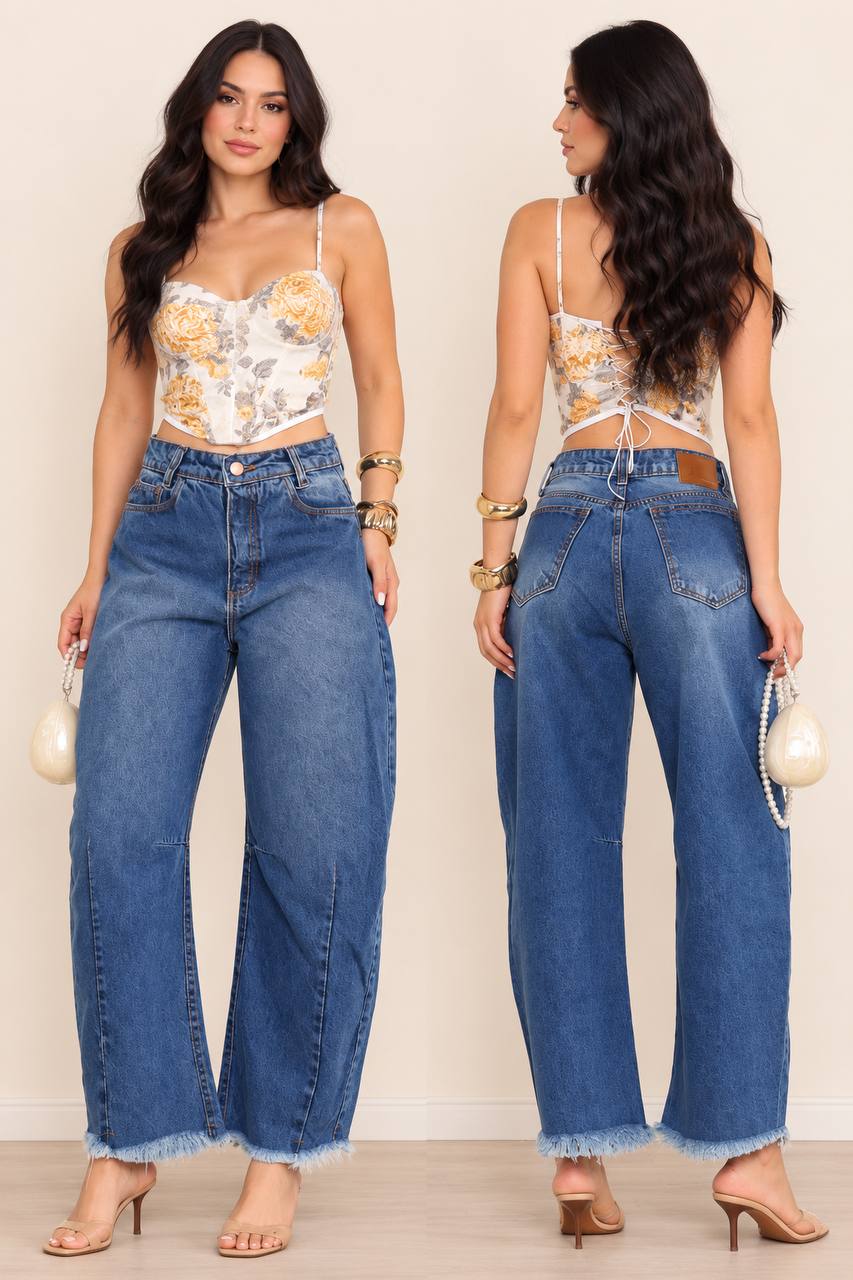 (HTP) CALÇA JEANS BARREL SLIM BARRA DESFIADA