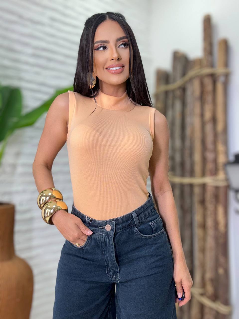 (KYS) BLUSA CANELADA GOLA  ALTA