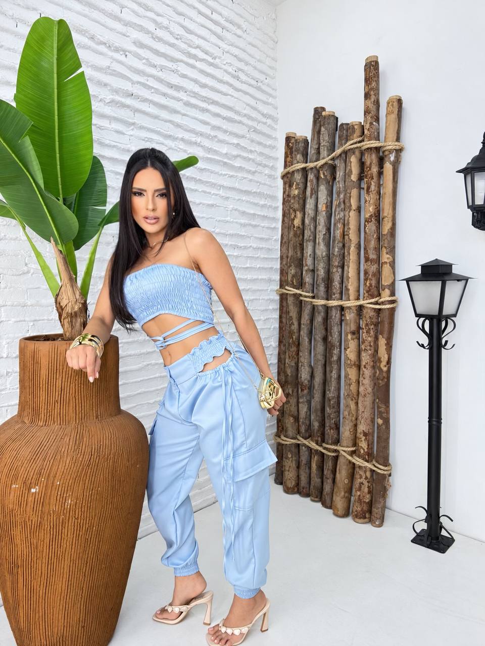 (CAT) CONJUNTO CALÇA VAZADO + CROPPED ELASTEC