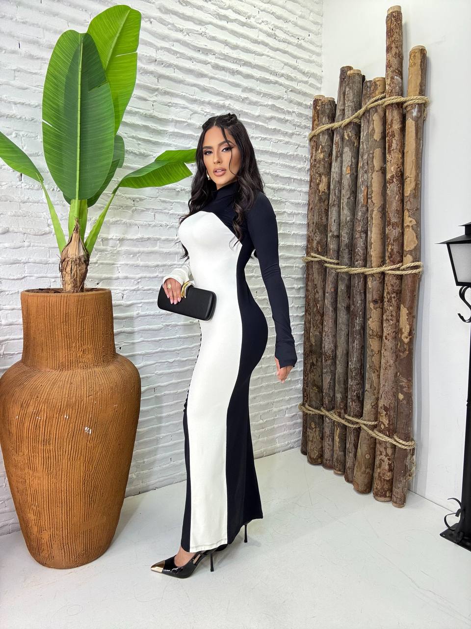 (ATTC) VESTIDO LONGO FRANZIDO DUO COLLOR DET DEDAL