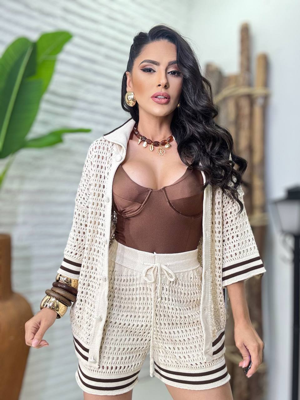 ( JMU) CONJUNTO TRICOT BLUSA BOTÕES +SHORT