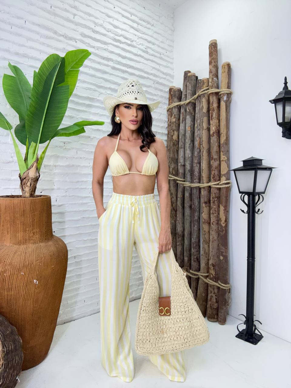(SHU) CALÇA BALLON LISTRADA EM VISCOLINHO