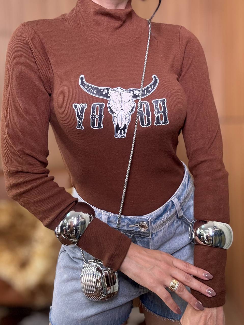 (LM) BLUSA CANELADA MANGA LONGA  GOLA  ALTA  HODY