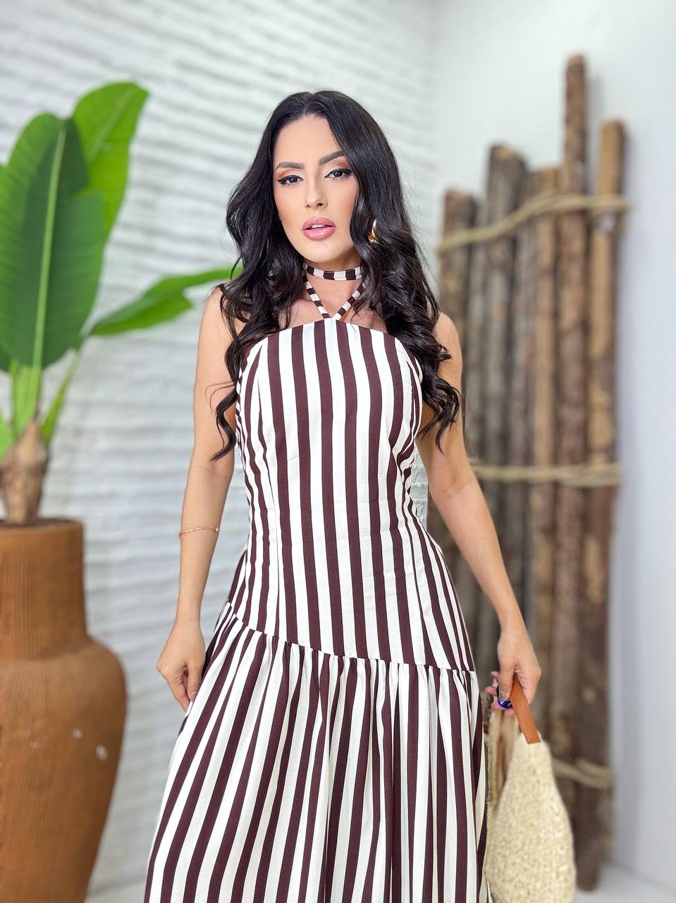 (JHM) VESTIDO LONGO LISTRADO AMARRAÇÃO NO PESCOÇO