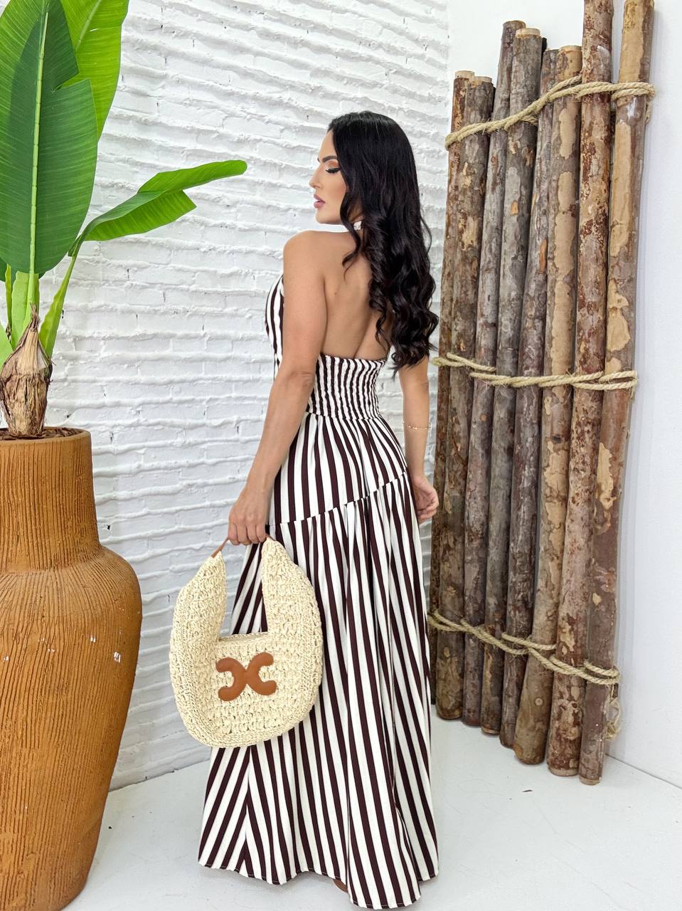 (JHM) VESTIDO LONGO LISTRADO AMARRAÇÃO NO PESCOÇO