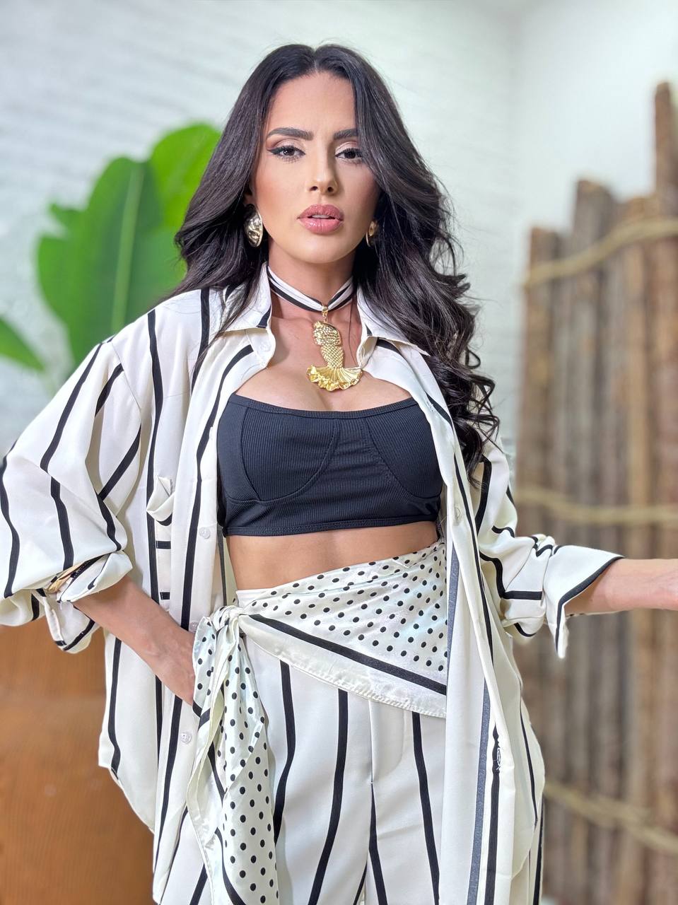 (R.S) CONJUNTO LISTRAS CALÇA + CAMISARIA BOLSO