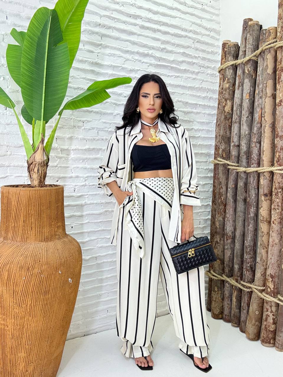 (R.S) CONJUNTO LISTRAS CALÇA + CAMISARIA BOLSO