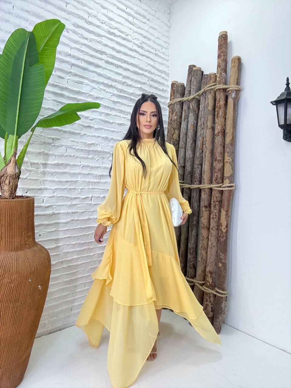 (SPR) VESTIDO MANGA LONGA COM BABADO + FAIXA