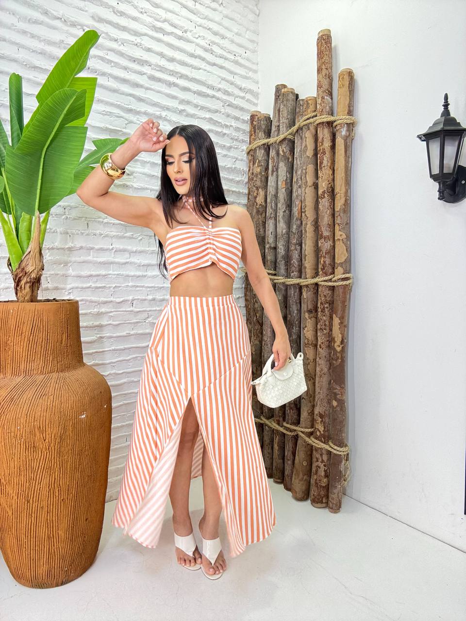 (OJM) CONJUNTO SAIA MIDI FENDA + TOP PUXE