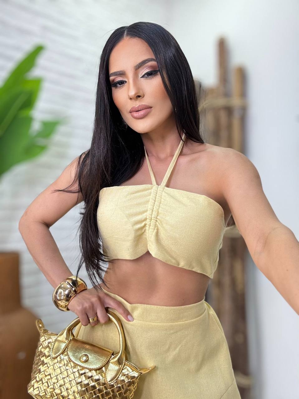 (OJM) CONJUNTO SAIA MIDI FENDA + TOP PUXE